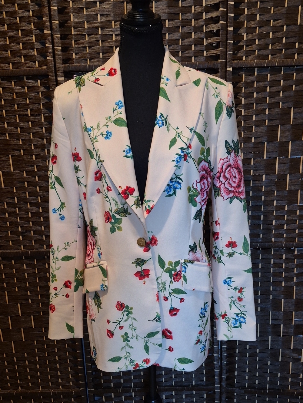 Cream Floral Single-Breasted Blazer - Women's Tailored Jacket